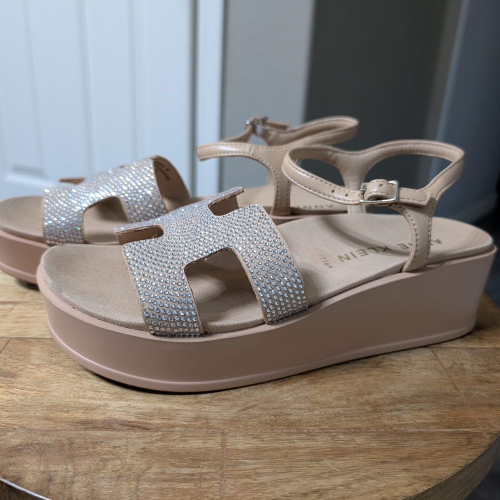 Anne Klein Blush Platform Wedge Sandals with Rhinestone Straps